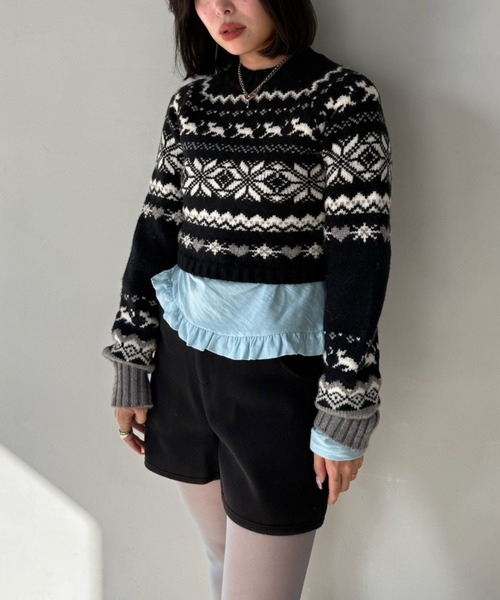 SANSeLF(サンセルフ)の「【SANSeLF】 ノルディックジャガードニット saw25a020(ニット/セーター・レディース・ブラック・FREE)」の4枚目の写真