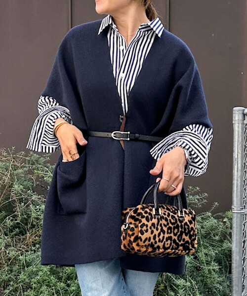 Rie Miller（リエミラー）の「バイカラー強縮ニットショール（ニット/セーター・レディース・ネイビー/ライトグレー・FREE）」の2枚目の写真