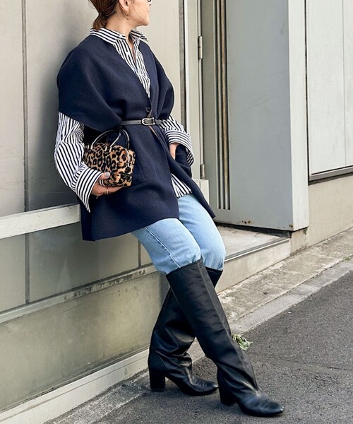 Rie Miller（リエミラー）の「バイカラー強縮ニットショール（ニット/セーター・レディース・ネイビー/ライトグレー・FREE）」の16枚目の写真