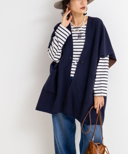 Rie Miller（リエミラー）の「バイカラー強縮ニットショール（ニット/セーター・レディース・ネイビー/ライトグレー・FREE）」の18枚目の写真