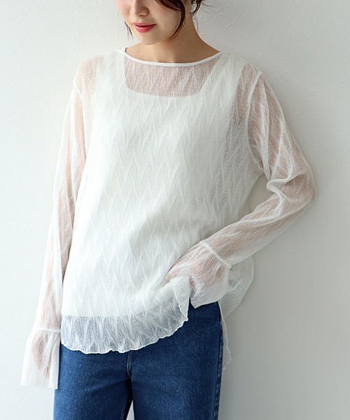 Jines(ジネス)の「ドットチュールトップス(Tシャツ/カットソー・レディース・ホワイト/ブラウン/ブラック・38)」の2枚目の写真