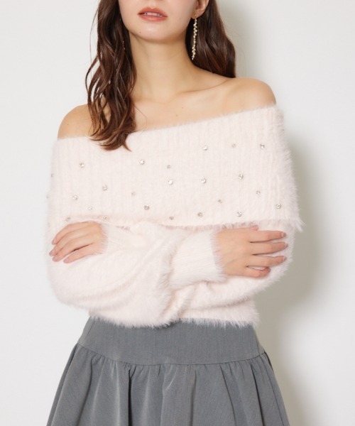 rienda（リエンダ）の「オフショルビジューシャギーニットトップス 秋服 冬服（ニット/セーター・レディース・ホワイト/ピンク/ブルー・FREE）」の3枚目の写真