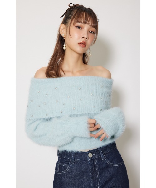 rienda（リエンダ）の「オフショルビジューシャギーニットトップス 秋服 冬服（ニット/セーター・レディース・ホワイト/ピンク/ブルー・FREE）」の4枚目の写真