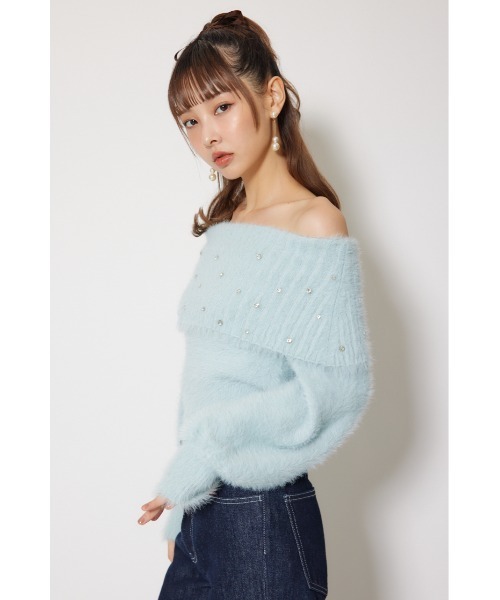 rienda（リエンダ）の「オフショルビジューシャギーニットトップス 秋服 冬服（ニット/セーター・レディース・ホワイト/ピンク/ブルー・FREE）」の5枚目の写真