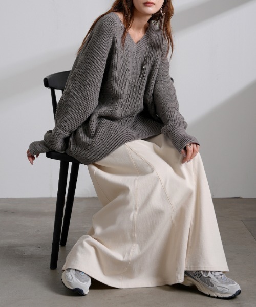 チクチクしないざっくり編み Vネックリブニット 綿100%（ニット