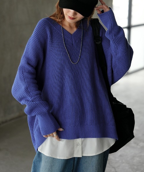 チクチクしないざっくり編み Vネックリブニット 綿100%（ニット