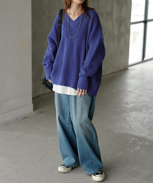 チクチクしないざっくり編み Vネックリブニット 綿100%（ニット