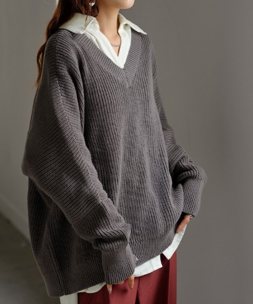 ゆ*ー様 STONE  ダークグレー リブ編みセーター L チクチクしないざっくり編み Vネックリブニット 綿100%（ニット