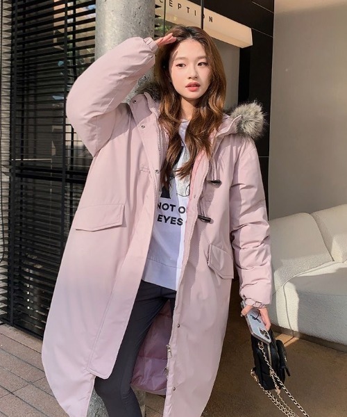 ファーフード付きロングダウン風コート／グレー・ベージュ・ピンク