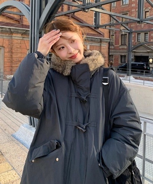 ファーフード付きロングダウン風コート／グレー・ベージュ・ピンク