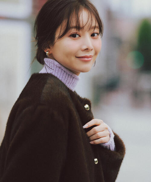 ◇フェイクファーノーカラーハーフコート（ノーカラーコート