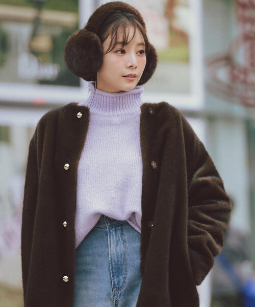 ◇フェイクファーノーカラーハーフコート（ノーカラーコート