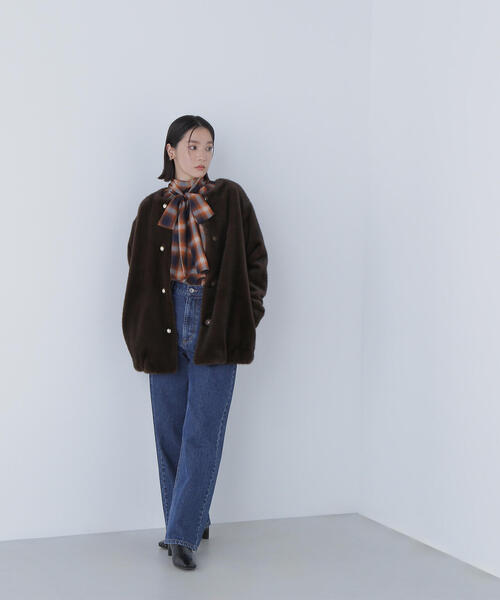 ◇フェイクファーノーカラーハーフコート（ノーカラーコート