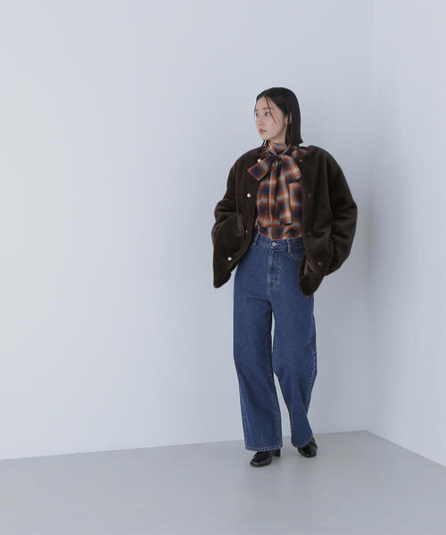 ◇フェイクファーノーカラーハーフコート（ノーカラーコート