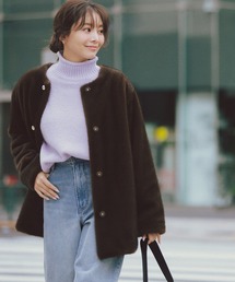NATURAL BEAUTY BASIC | ◇フェイクファーノーカラーハーフコート(ノーカラーコート)