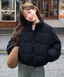 花柄ショート丈ダウンジャケット ダウンコート ダウンジャケット 小花柄 スタンドカラー エコダウン