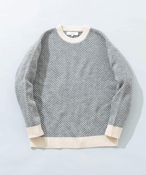 セール】『XLサイズあり』ヘリンボーン柄クルーネックニット（ニット 