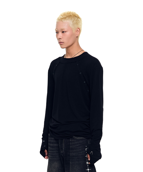 セール】Layered Long Sleeve (Black)（Tシャツ/カットソー）｜AAKAM