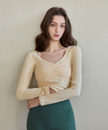 DEVIWEAR（デヴィウェア）の「レディース ヨガウェア DEVI-T0126-クリームレモン ピラティス ジュリー シャーリング ロングスリーブ（Tシャツ/カットソー）」