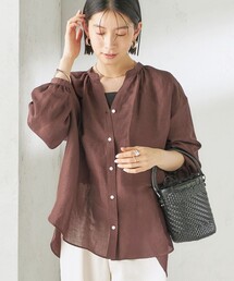 〈手洗い可能〉IMPERIAL LINEN 混 バンドカラー スキッパー シャツ