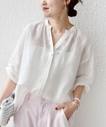 〈手洗い可能〉IMPERIAL LINEN 混 バンドカラー スキッパー シャツ