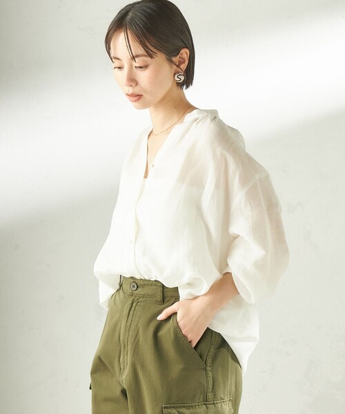 SHIPS（シップス）の「【実力派ベーシック】〈手洗い可能〉IMPERIAL LINEN 混 バンドカラー スキッパー シャツ（シャツ/ブラウス・レディース・ネイビー/ミント/オフホワイト/ブラウン・ONE SIZE）」の15枚目の写真