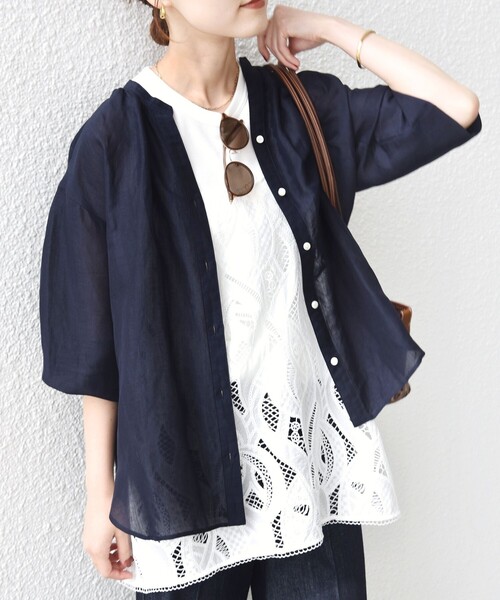SHIPS（シップス）の「〈手洗い可能〉IMPERIAL LINEN 混 バンドカラー スキッパー シャツ（シャツ/ブラウス・レディース・ネイビー/ミント/オフホワイト/ブラウン・ONE SIZE）」の10枚目の写真