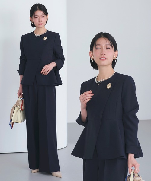 ノーカラー ラップ ペプラム ワイドパンツ スーツ ｜ セットアップ