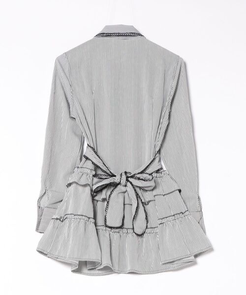 セール】フロントレースデザイン ボーダー柄フリルワンピース