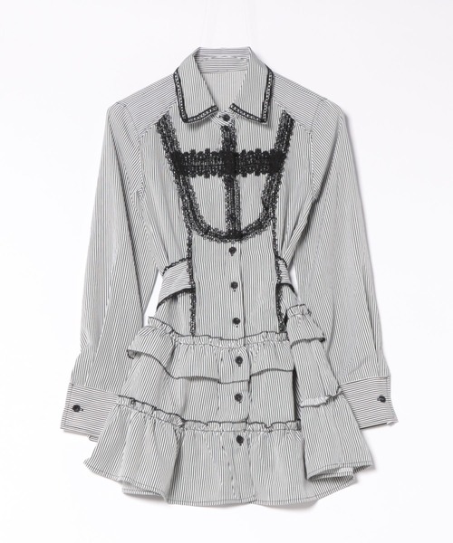 セール】フロントレースデザイン ボーダー柄フリルワンピース