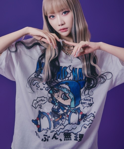 Salong hameu（サロン ハミュー）の「「たぶん、無理。」イラストプリントTシャツ/ビッグシルエット サブカル 病み系 ストリート（Tシャツ/カットソー・メンズ・ブラック/ホワイト系その他/ホワイト/ブラック系その他/サックスブルー・M/L）」の3枚目の写真