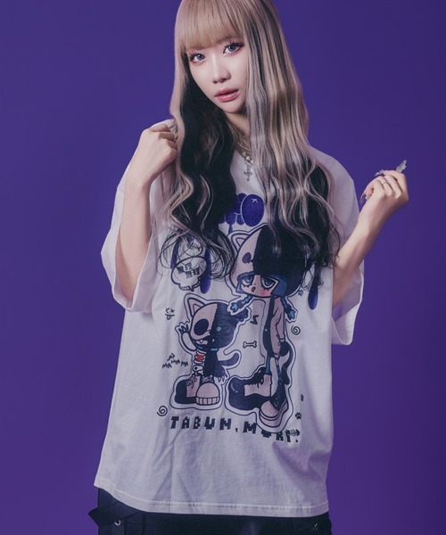 Salong hameu（サロン ハミュー）の「「たぶん、無理。」イラストプリントTシャツ/ビッグシルエット サブカル 病み系 ストリート（Tシャツ/カットソー・メンズ・ブラック/ホワイト系その他/ホワイト/ブラック系その他/サックスブルー・M/L）」の2枚目の写真