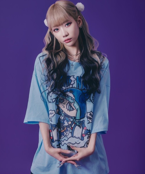 Salong hameu（サロン ハミュー）の「「たぶん、無理。」イラストプリントTシャツ/ビッグシルエット サブカル 病み系 ストリート（Tシャツ/カットソー・メンズ・ブラック/ホワイト系その他/ホワイト/ブラック系その他/サックスブルー・M/L）」の19枚目の写真