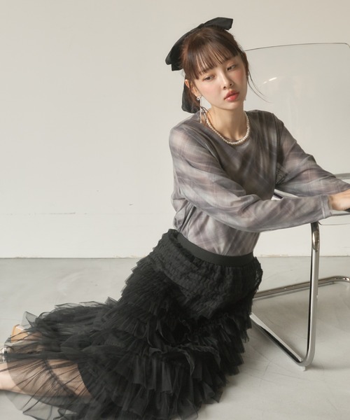 Nadana（ナダナ）の「シアーチェックトップス（Tシャツ/カットソー・レディース・ブラウン/グレー・FREE）」の15枚目の写真