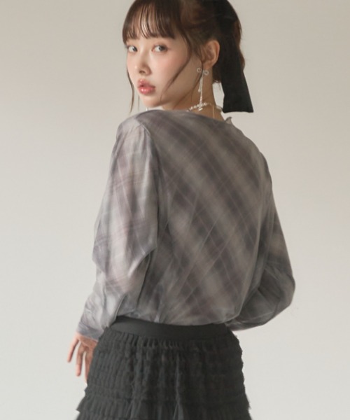 Nadana（ナダナ）の「シアーチェックトップス（Tシャツ/カットソー・レディース・ブラウン/グレー・FREE）」の14枚目の写真