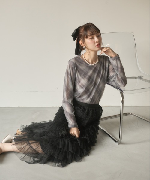 Nadana（ナダナ）の「シアーチェックトップス（Tシャツ/カットソー・レディース・ブラウン/グレー・FREE）」の16枚目の写真