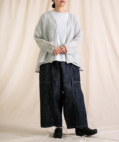 Brocante / ブロカント] リネンガーゼストライプ カルディガンシャツ