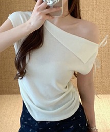 サイドギャザーワイドネックノースリーブニットトップス