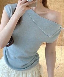 サイドギャザーワイドネックノースリーブニットトップス