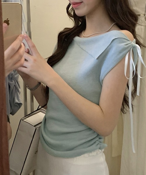 NANEA(ナネア)の「サイドギャザーワイドネックノースリーブニットトップス(Tシャツ/カットソー・レディース・ホワイト/サックスブルー/ブラック/イエロー・SMALL)」の17枚目の写真