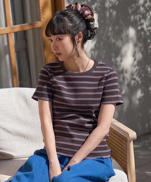 FREAK'S STORE(フリークスストア)の「ワッフル Tシャツ/ボーダーTシャツ(Tシャツ/カットソー・レディース・ブラック/チャコール/ブラウン/ナチュラル/オフホワイト・フリ-)」の9枚目の写真