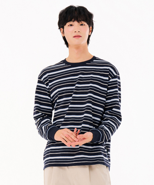 CHASECULT(チェイスカルト)の「メンズストライプ長袖Tシャツ-FARK5113B04(Tシャツ/カットソー・メンズ・ネイビー・105/100/95)」の1枚目の写真