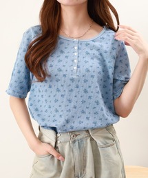 JEMORGAN ワッフル花柄ピグメント加工H/Sヘンリー（パック） 半袖
