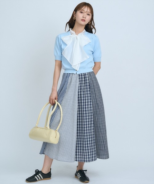 AND COUTURE(アンドクチュール)の「異素材リボン半袖ニットカーディガン(カーディガン/ボレロ・レディース・ホワイト/ネイビー/イエロー/ブルー/グリーン・FREE)」の11枚目の写真