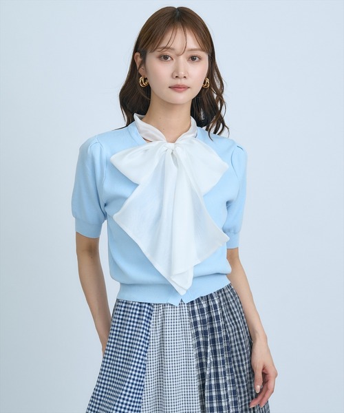 AND COUTURE(アンドクチュール)の「異素材リボン半袖ニットカーディガン(カーディガン/ボレロ・レディース・ホワイト/ネイビー/イエロー/ブルー/グリーン・FREE)」の10枚目の写真
