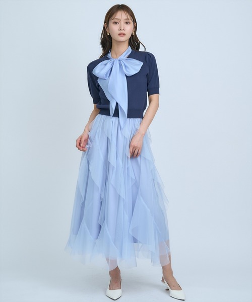 AND COUTURE(アンドクチュール)の「異素材リボン半袖ニットカーディガン(カーディガン/ボレロ・レディース・ホワイト/ネイビー/イエロー/ブルー/グリーン・FREE)」の19枚目の写真