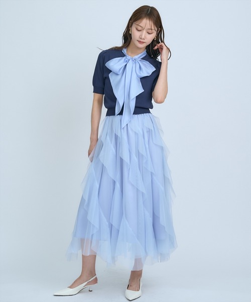 AND COUTURE(アンドクチュール)の「異素材リボン半袖ニットカーディガン(カーディガン/ボレロ・レディース・ホワイト/ネイビー/イエロー/ブルー/グリーン・FREE)」の18枚目の写真
