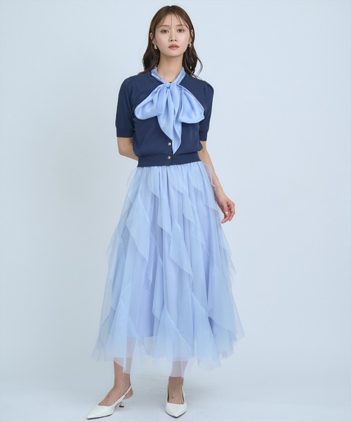 AND COUTURE(アンドクチュール)の「異素材リボン半袖ニットカーディガン(カーディガン/ボレロ・レディース・ホワイト/ネイビー/イエロー/ブルー/グリーン・FREE)」の17枚目の写真