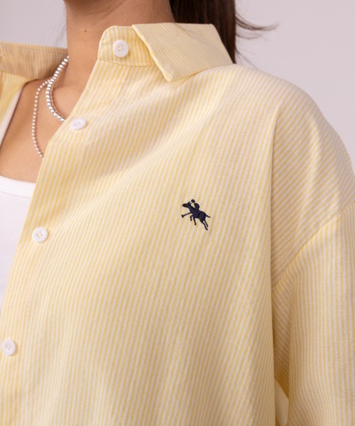POLOCHAMPS（ポロチャンプス）の「【POLOCHAMPS/ポロチャンプス】オーバーサイズ ワンポイント刺繍 ストライプ柄 コットン長袖シャツ（シャツ/ブラウス・レディース・サックスブルー/ネイビー/イエロー/ブラウン/グリーン/レッド・FREE）」の11枚目の写真