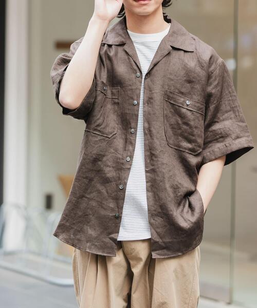 FORK&SPOON(フォークアンドスプーン)の「FORK&SPOON フレンチリネンオープンカラーショートスリーブシャツ(シャツ/ブラウス・メンズ・ブラウン/ブルー系その他/ベージュ系その他・4/5)」の1枚目の写真